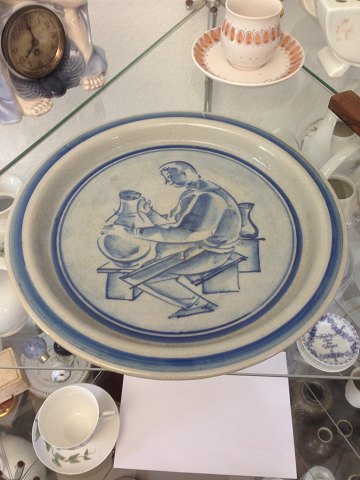 Bing & Grondahl Stoneware tray with motif of potter from the factory. Unique piece by Ove Larsen
