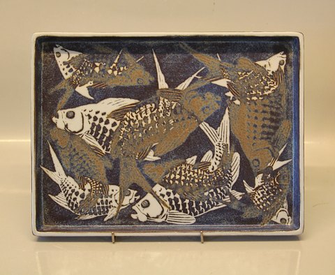 Aluminia kunstfajance 807-3445 Blå bakke med fiskestimer 23 x 31 cm Nils Thorsson 1966, Baca