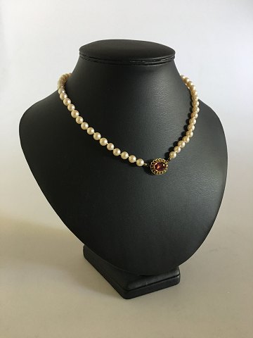 Georg Jensen Perle Halskæde No.43 med 18K Guldlås / Smykkevedhæng med Facetsleben Rosa Kvartz