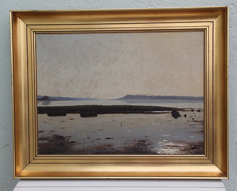 Painting Gunnar Bundgaard Mariager Fjord Oil on Canvas in Golden Frame 66 x 84 cm