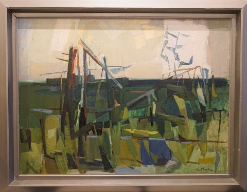 Svend Saabye; Maleri, komposition, grøn, "Vindfælde", olie på lærred