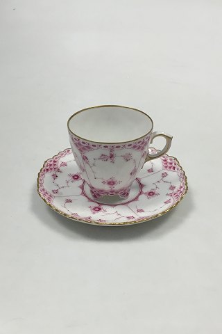 Royal Copenhagen Blue Fluted Red Ruby/Pink with Gold Edge Full Lace Mocca Cup and Saucer