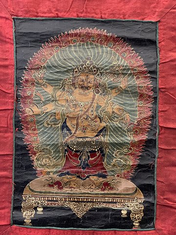 Asian, Buddhist Thangka painting, mounted in hand-sewn cloth of cotton and silk, 20th century