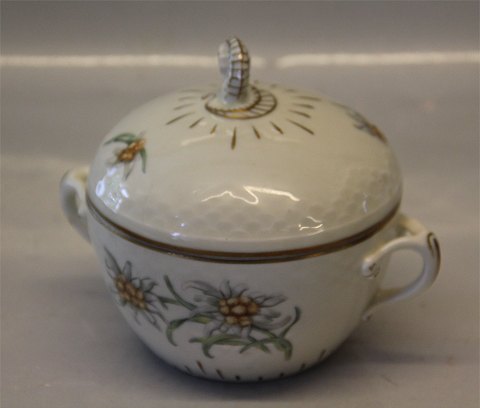 094 Sugar bowl (large) 12 cm (302) Mimer B&G Cream porcelain Edelweiss flower, gold rim, form 356
