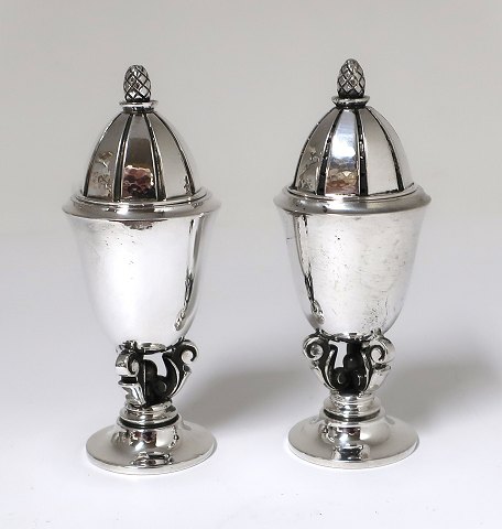 Georg Jensen. Salt & pepper shaker. Set. Akorn. Design Johan Rohde. Model 741. Height 9 cm.