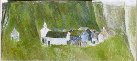 "Bygd på grønt fjeld" Færøerne, oliemaleri med sølvramme i original stand.