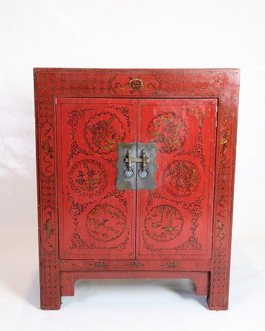 Antique Chinese Cabinet - Original Painted In Red With Patterns - Patina - Brass 
Fittings - 1920s
