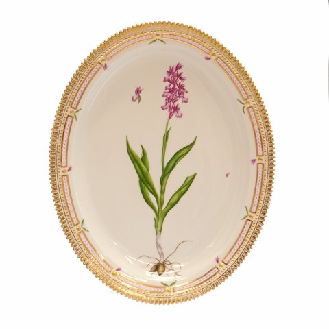 Royal Copenhagen Flora Danica large oval dish 
#3518. "Orchis  Masculus L.". Year 1962. Size: 
40x32cm