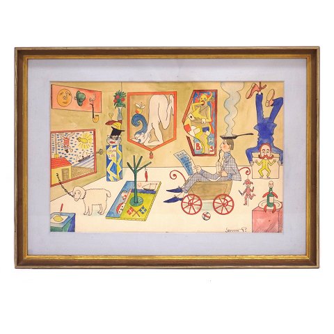 Robert Storm Petersen, 1882-1949, dänischer 
Humorist. Aquarell mit dem Thema Kunstausstellung. 
Signiert "Storm P.". Lichtmasse: 30x47cm. Mit 
Rahmen: 44x59cm