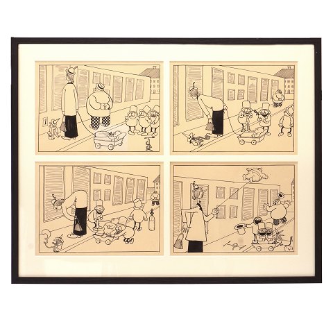 Storm P. Tegning. Robert Storm Petersen, 1882-1949, blyant og tusch. Fire originaltegninger bragt i "Verden og Vi" 1913-16, hvor "De Tre Små Mænd" og "Nummermanden" blev introduceret. Hver tegning måler ca. 20x27cm. Mål med ramme: 52x65cm