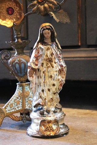 Antik 1800 tals Madonna figur i fattigmandssølv / Mercury glass med fin gammel bemaling...