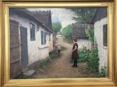 "Hvad laver hun mon i vores by" Olie maleri på lærred i forgyldt ramme. Maleriet er blevet lavet smukt hos konservator og har fået slut fernis.