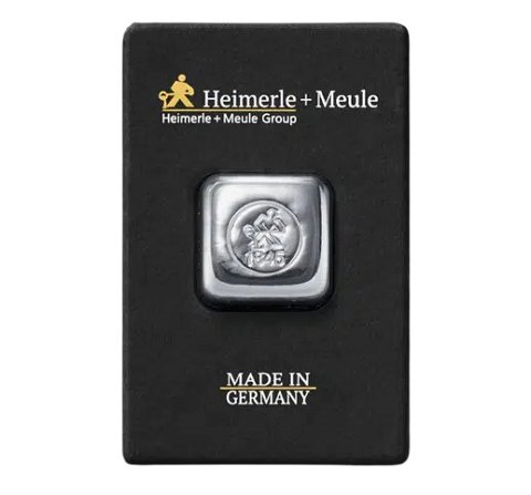 50 gr. Kvadratisk Sølvbarre, 999,9 ‰, Heimerle+Meule