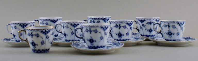 7 sets of Royal Copenhagen Blue Fluted Full Lace Mocca cup and saucer. Early stamps.