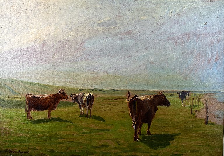 Gunnar Bundgaard (born Aalborg 1920, died 2005): Cows on the field. Signed : G. Bundgaard. Oil on canvas.