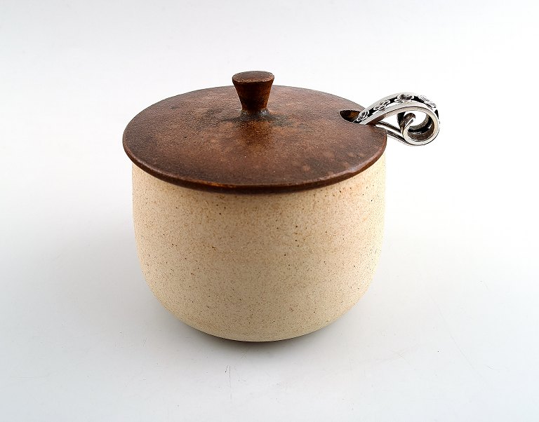 Arne Bang, Pottery jam jar with Danish sterling silver spoon.