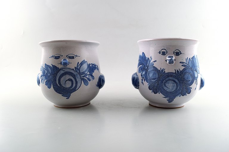 A pair of Wiinblad unique ceramics flowerpots, blue glaze.