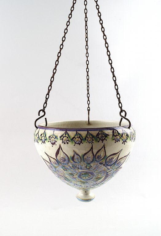 Aluminia hanging flower pot, decorated with flowers.
