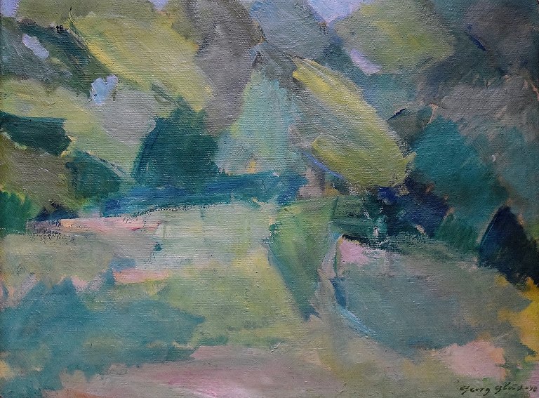 Georg Glud, danish artist, modernist landscape, oil on canvas.