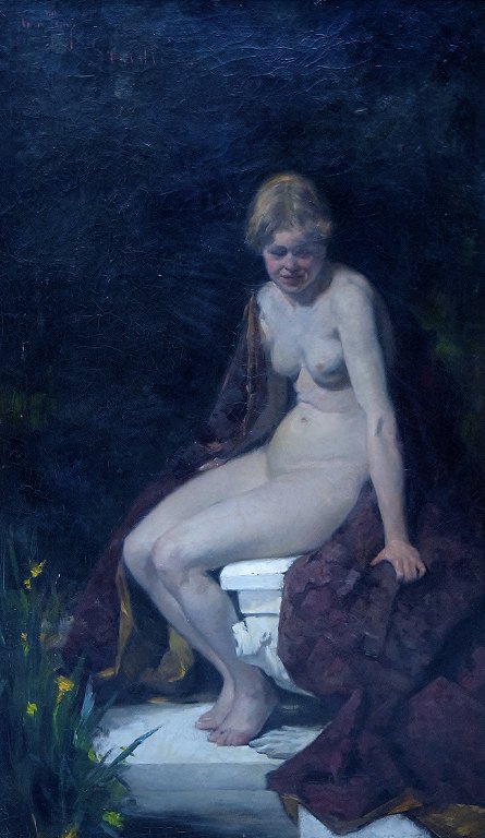 J. de Jong, oil on board, young nude woman, app. 1900.Dutch or Belgian artist.