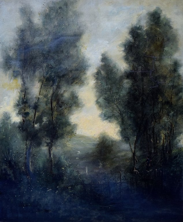 Unknown artist Barbizon school landscape with hunter, oil on canvas.