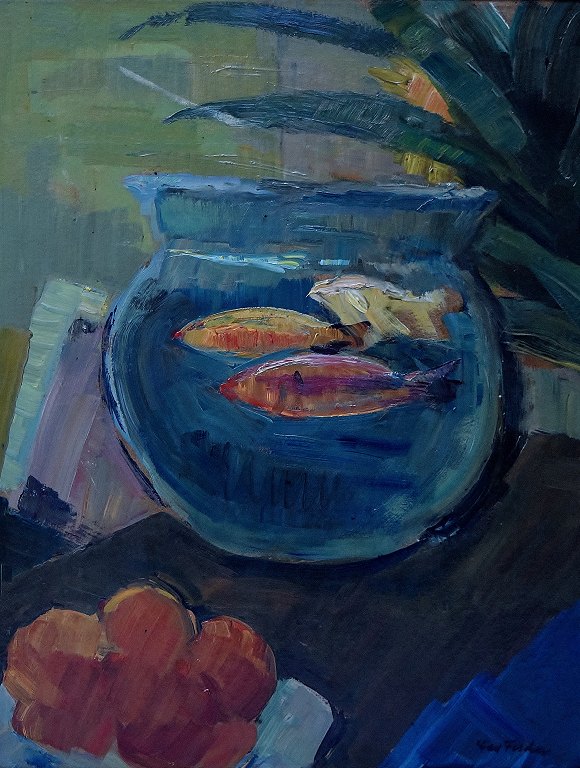 Carl Fischer b. Vejle 1887, d. Copenhagen 1962  Still life with a bowl of goldfish.