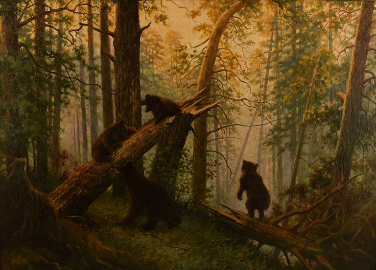 Unknown Russian painter, app. 1900.Playful bear cubs in the forest. Oil on canvas.