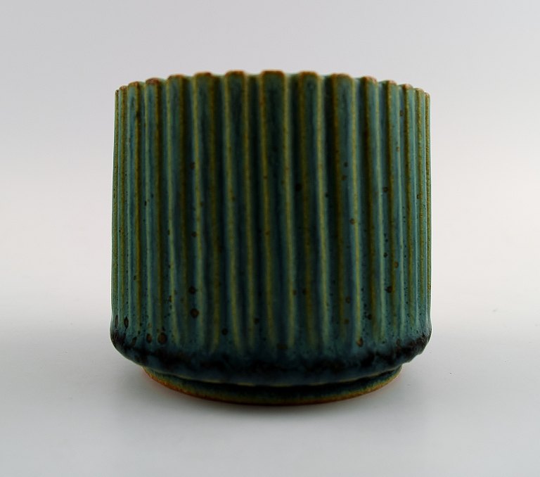 Arne Bang. Pottery Vase in fluted style. Marked AB 128.