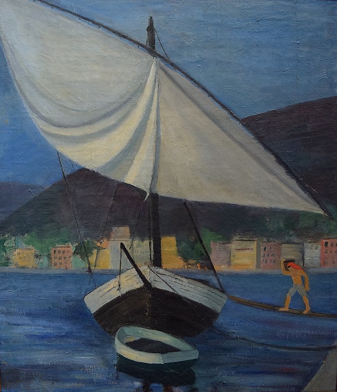 Unknown artist, 1930 / 40s.Sailboat at the quay in Marseille.