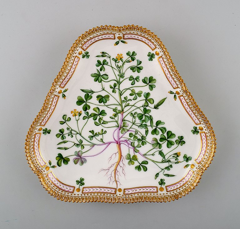 Royal Copenhagen Flora Danica" triangular porcelain dish decorated in colours and gold with flower. Royal Copenhagen 20/3508.