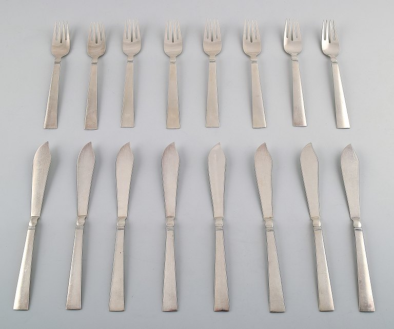 Georg Jensen Sterlingsølv Blok/Acadia. Sjældent 8 personers fiskeservice.