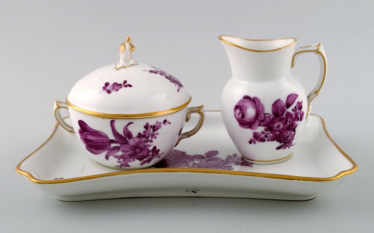 Royal Copenhagen Purpur sugar bowl and creamer set on tray.