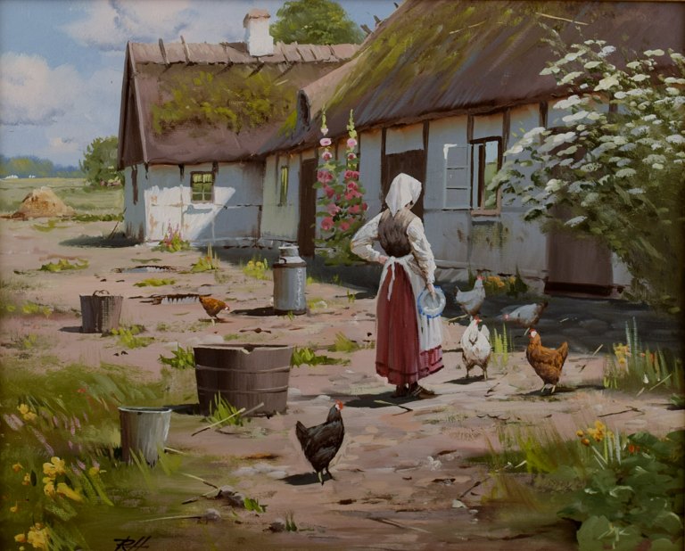 Olie på lærred, Roald Hansen (Født 1938) Idyllisk exteriør med stråtækt hus og høns på gårdspladsen.