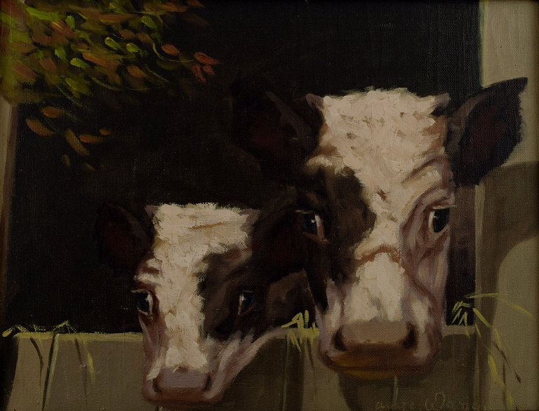 AAGE WANG. (pseudonym for Mark Osmand Curtis). Oil on canvas.Motif with cows in stable door.