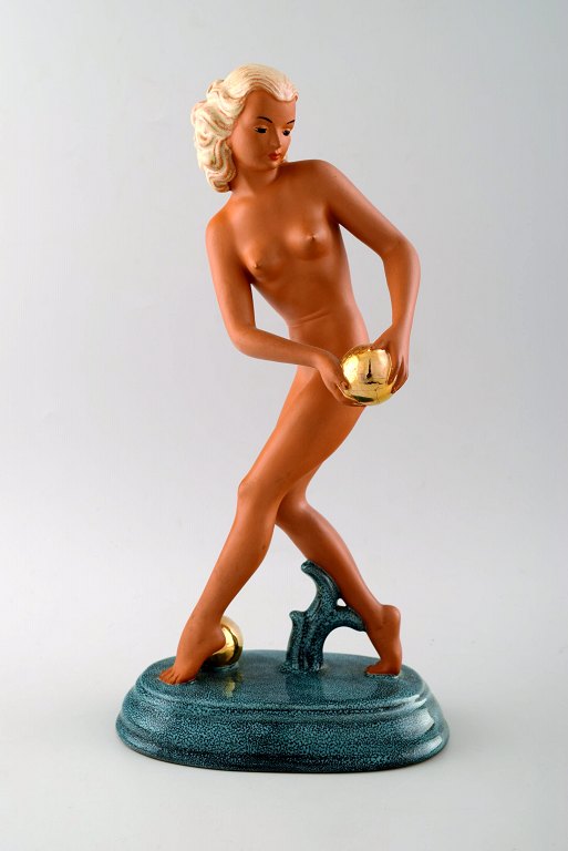 Art Deco Goldschneider, nude woman, figure in porcelain. Overglaze.Beautiful figure, approx. 1940s.