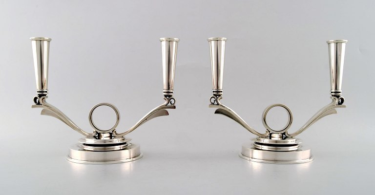 Georg Jensen silver, Pyramid #630 B, two armed candleholders.Design: Harald Nielsen around 1932.