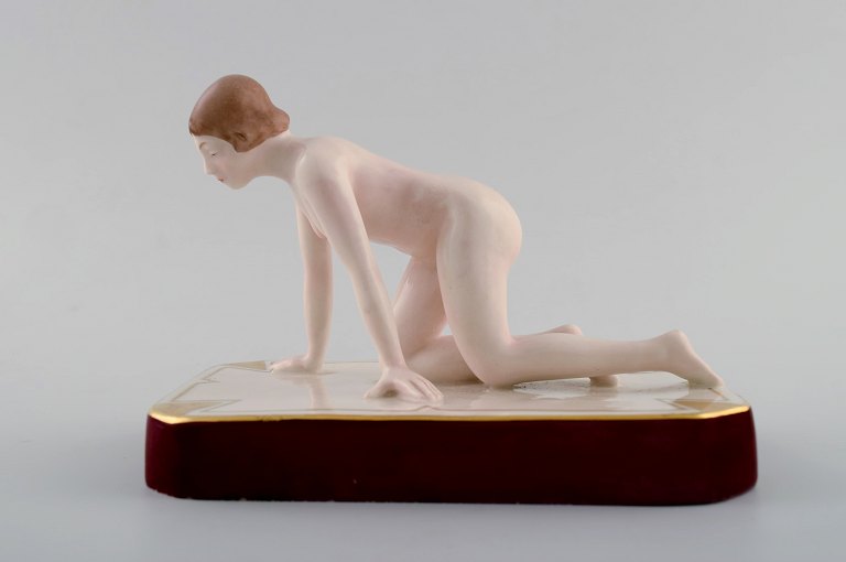 Art deco Royal Dux naked woman on base, porcelain.