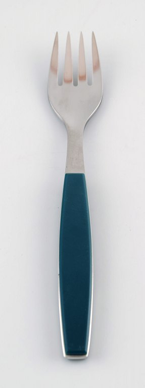 14 dinner forks, Henning Koppel. Strata cutlery stainless steel and green plastic. Designed by Georg Jensen.