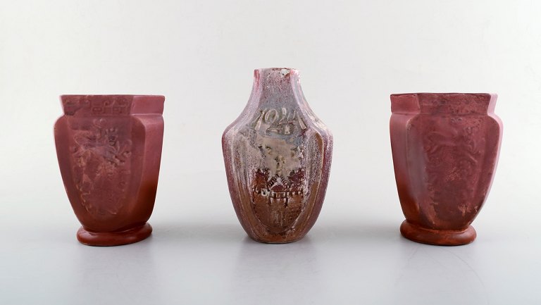 Three Kähler vases with luster glaze, Karl Hansen Reistrup.With the three Danish lions, the Norwegian lion and the three Swedish crowns.