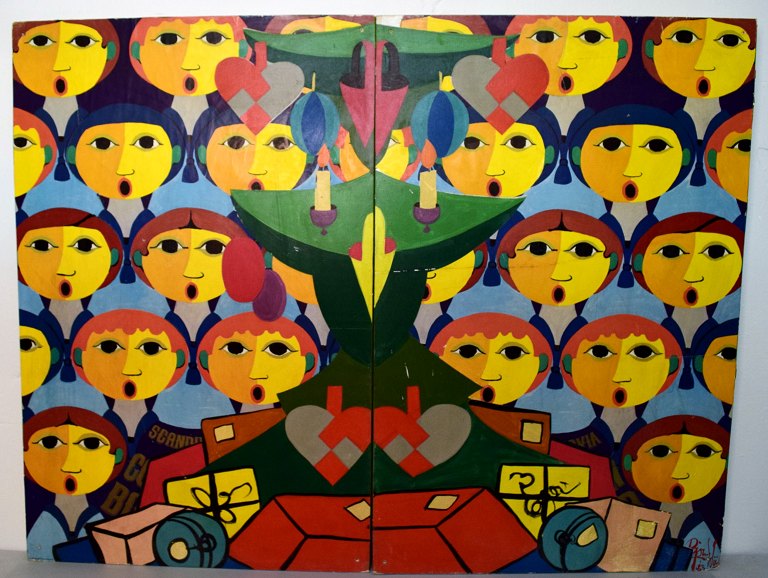 2 wall-mounted collages, by Bjørn Wiinblad (1918-2006)Collage and oil on plate.