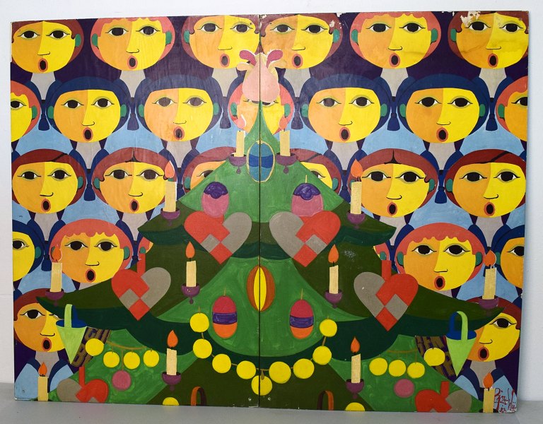 2 wall-mounted collages, by Bjørn Wiinblad (1918-2006)Collage and oil on plate.