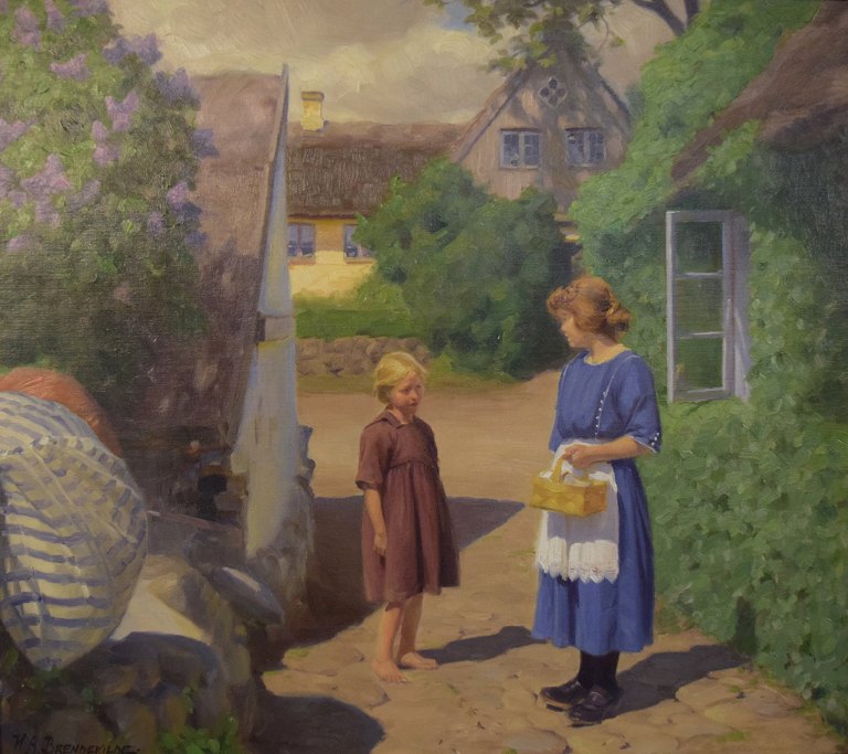 BRENDEKILDE Hans Andersen, (1857-1942) Important danish artist.Summer idyll in a village with a girl and woman with a basket on the road.