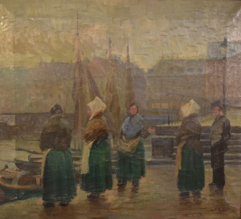 Søren Christian Bjulf. Fishwives at the Old Dock, Copenhagen.Fishwives at Old Dock are waiting for today