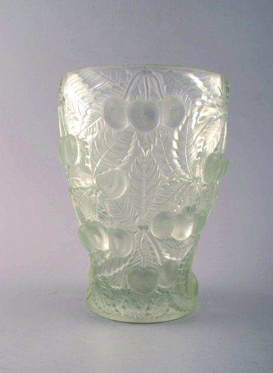 Lalique style art glass vase in clear glass with cherries in relief.