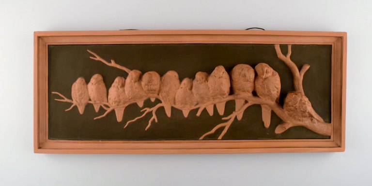 Ipsens, Denmark, large wall plaque with 12 birds on branch in relief, terracotta.