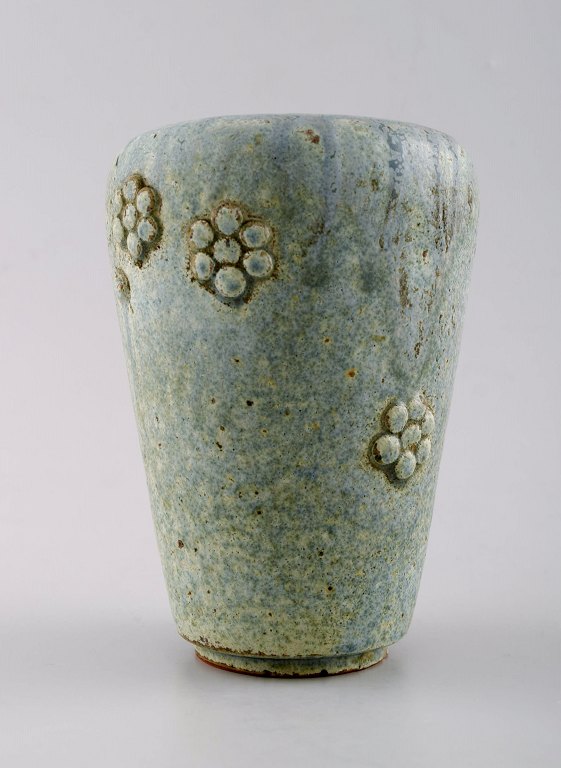 Arne Bang. Pottery vase. Stamped AB 215.Beautiful glaze in bluish shades.