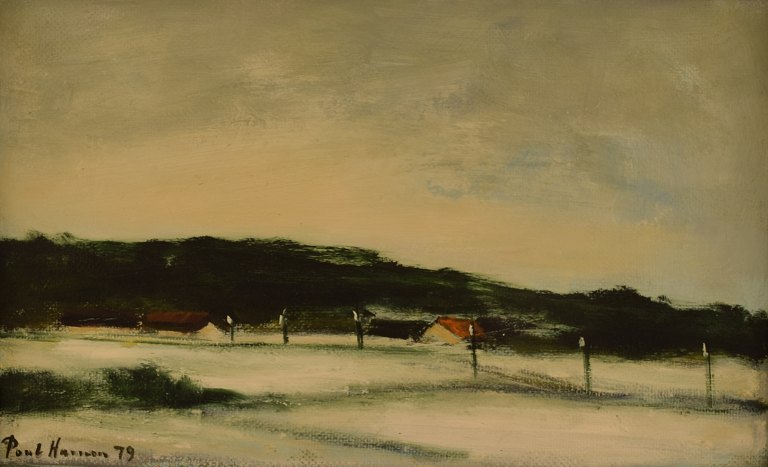 Poul Hansen 1918-1987. Olie på plade. Landskab med huse i baggrunden.