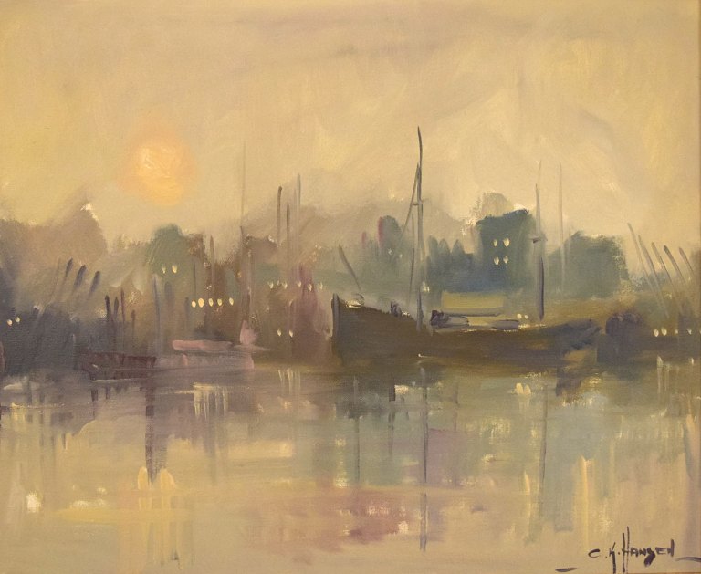 Carlo Knud Hansen. Denmark. Oil on canvas. Harbor Scene.