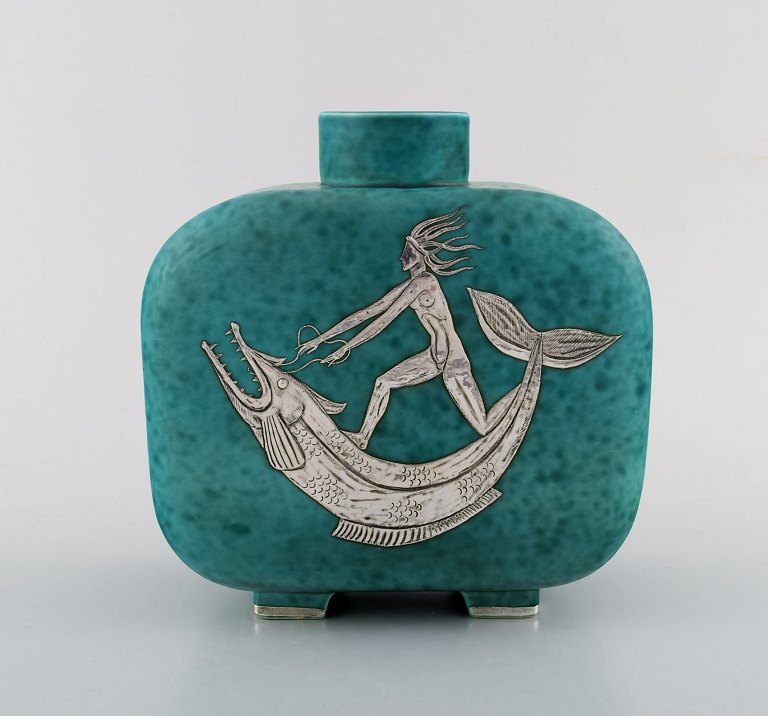 Wilhelm Kåge, Gustavsberg, Argenta Art deco vase with silver inlay. Motive of sea man on fish.