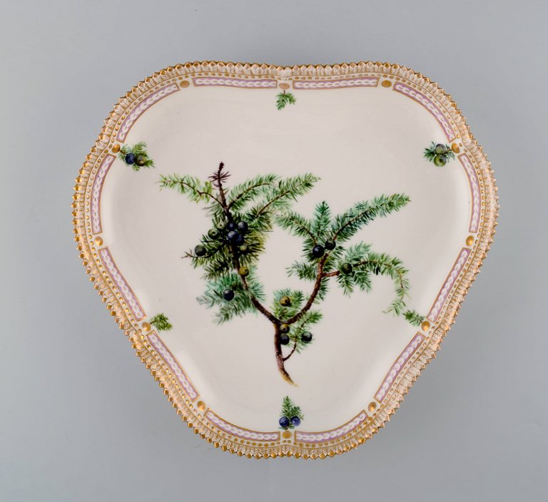 Royal Copenhagen Flora Danica" triangular porcelain dish decorated in colours and gold.
